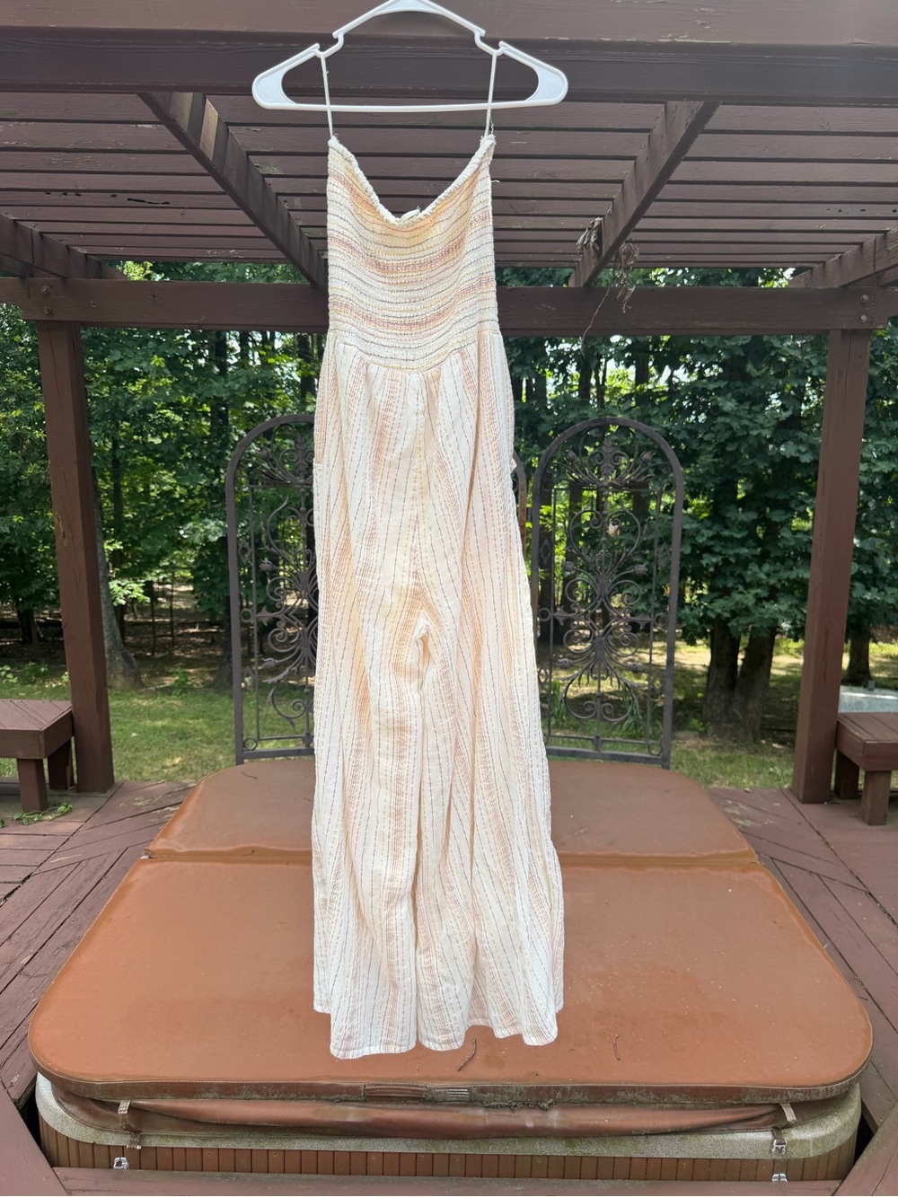 Altar'd State Cream and Peach Striped Strapless Jumpsuit- Size M